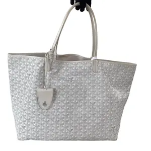 Pre-owned Goyard leather Tote Bags Saint Louis GM Tote Bag (White Goyardine Canvas)++bag charm++