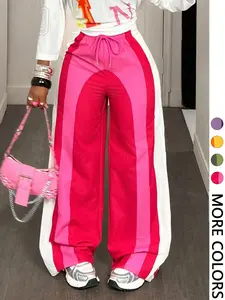 Valentine's Day Women's Colorblock Striped Wide Leg Casual Streetwear Pants, Comfortable & Trendy Patchwork Bottoms for Date Nights & Daily Wear