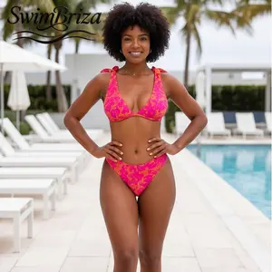 Briza｜Halter Triangle Padded Tie-Shoulder Bikini Set for Women Hot Pink Orange Print Brazilian Two Piece Swimsuit Bathing Suit Summer Swimwear Beach Pool Vacation, Women's Swimwear, Bathing Suit for Women, Halter Neck, Padded Support