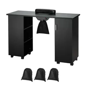 Manicure Table, Nail Table Station with Electric Dust Collector, Moveable Nail Tech Desk with 8 Wheels (4 Lockable), 3 Dust Bag & Wrist Rest, MDF Nail Art Workstation for Spa Beauty Salon, Black