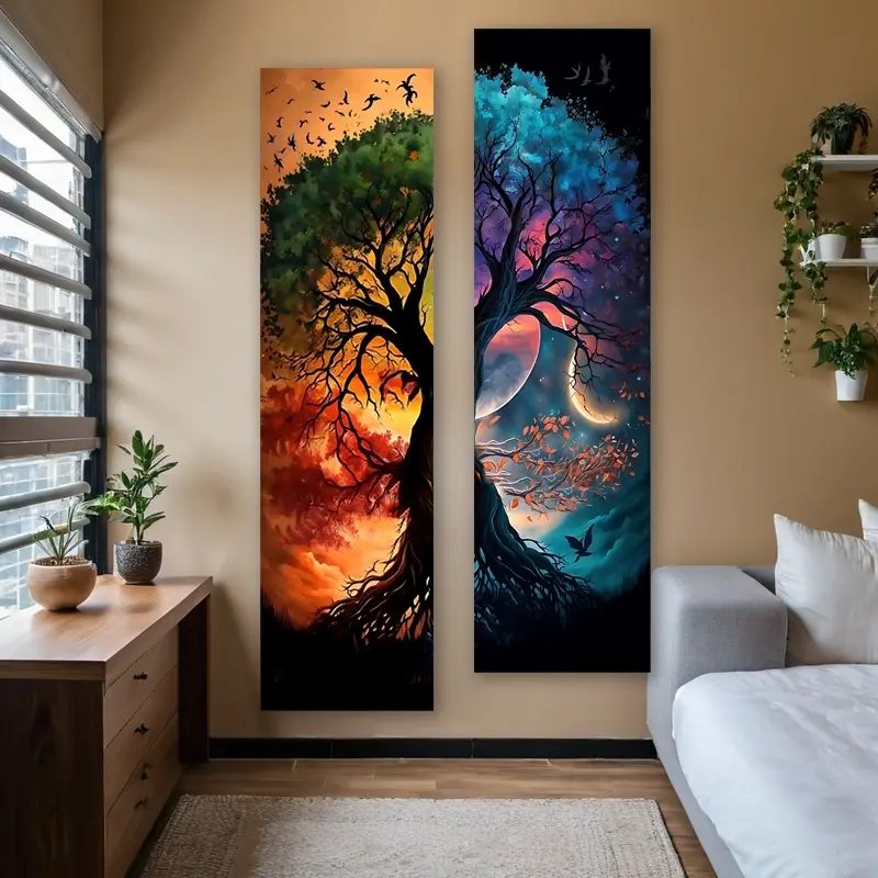 Tree Of Life Vertical Banner Tapestry Wall Hanging Celestial Starry Sky Pattern Long Narrow Tapestry Colorful Art Tapestries, Decoration, Tapestry Style, Ideal Gifts for Home Decor Enthusiasts Polyester Stitched Edges Trippy Tapestry