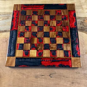 Black Onyx Red Lava Walnut Chess Board (PIECES INCLUDED)