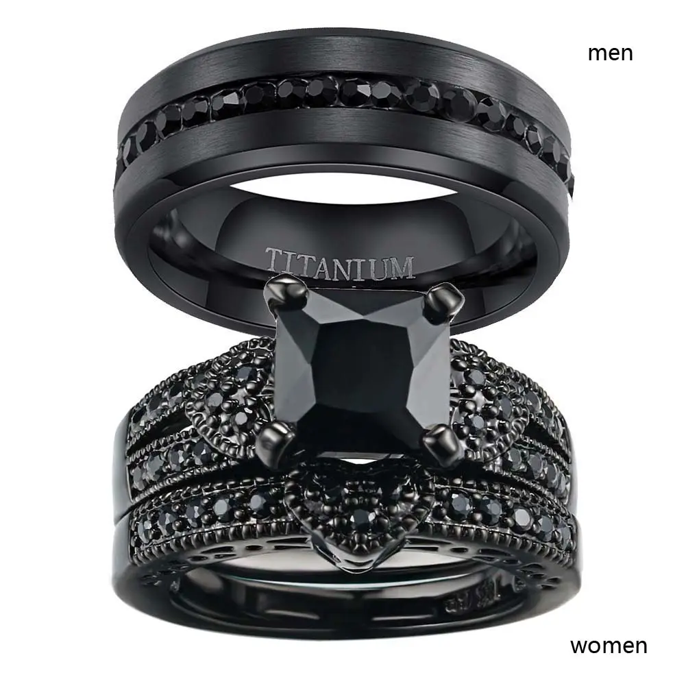 Ringcrown Couple Matching Set Rings - 1ct Black AAA CZ Square Luxury Elegant Titanium Steel Bands, 5-Layer Plating Protection, Meaningful Gifts for Him and Her (Women’s Ring & Men’s Black Plated Band), Square Rings