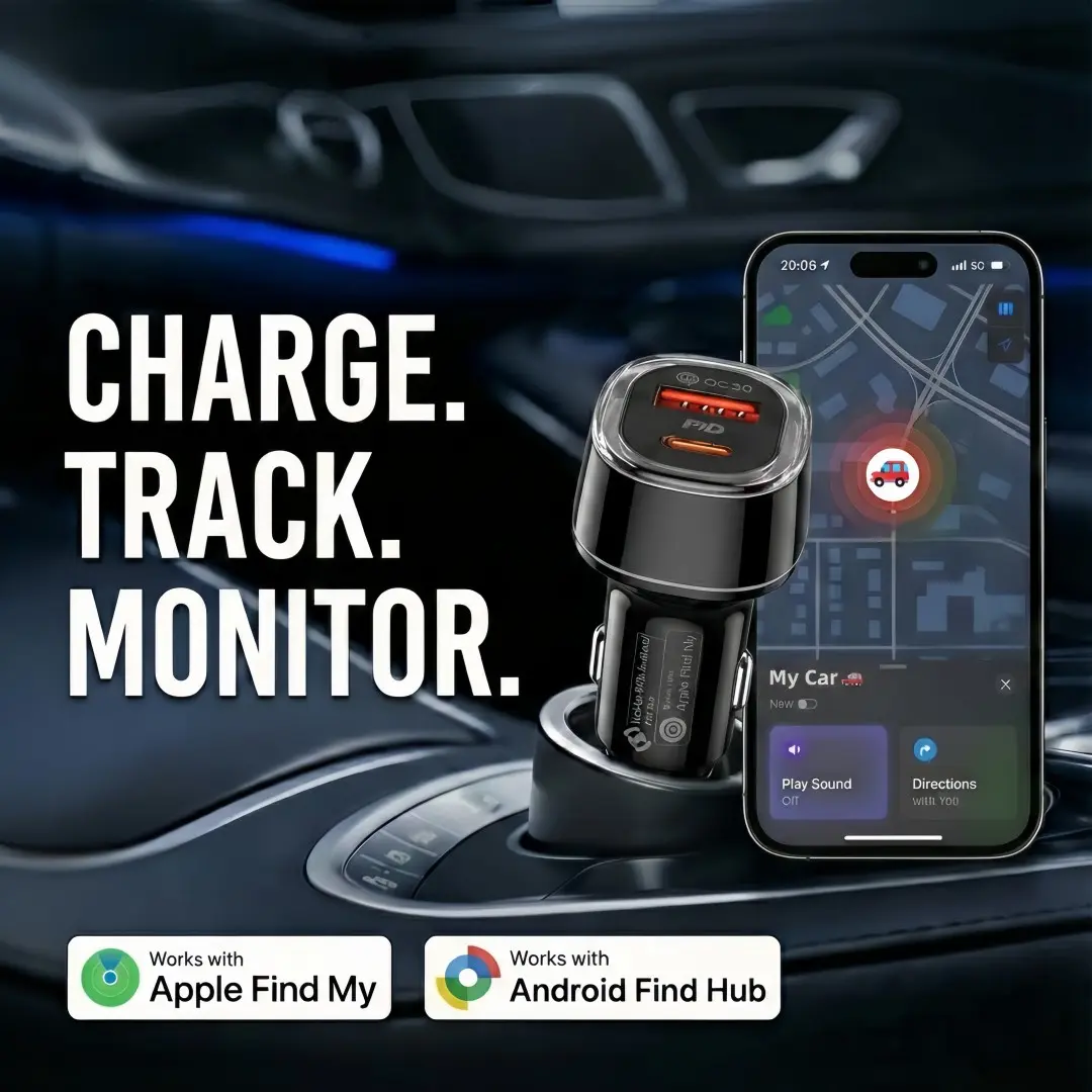 Dual USB Charging Car Charger, Smart Car Kit, Compatible with iOS Apple Find My & Android Google Find Hub APP (Not for Huawei), Bluetooth Tracker for Car