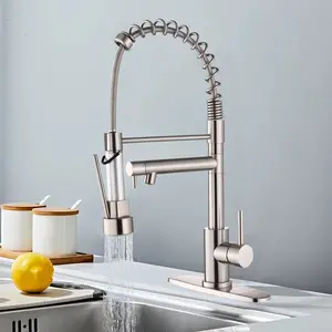 Brushed Nickel Kitchen Faucet with Pull Down Sprayer, Single Handle Spring Neck Kitchen Sink Faucet, 360° Swivel Stainless Steel Copper Zinc Faucet with Aerated Stream & High Pressure Spray for Farmhouse RV Wet Bar Laundry