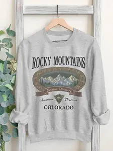 Women's Rocky Mountain Print Round Neck Sweatshirt, Womenswear, Cartoon Elements, Letter Pattern, Long Sleeve, Everyday Casual Fashion, Fall & Winter