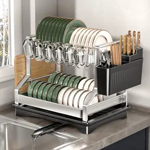 Kitchen Dish Drying Rack 2-Tier Eco-Friendly Plastic & Stainless Steel Drainer with Cup Holder Cutting Board Chopsticks Rack Drain Tray Space Saving Design 16.5x12.5x13 Inch