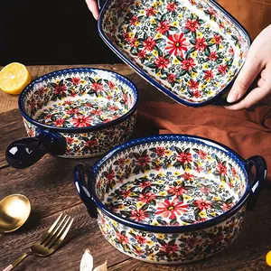 Hand-Painted Ceramic Baking Watchband Handle-Colorful round Casserole Plate, Suitable for Salad, Barbecue and Cake Dinner-Exotic Daisy Pattern Kitchen Essentials