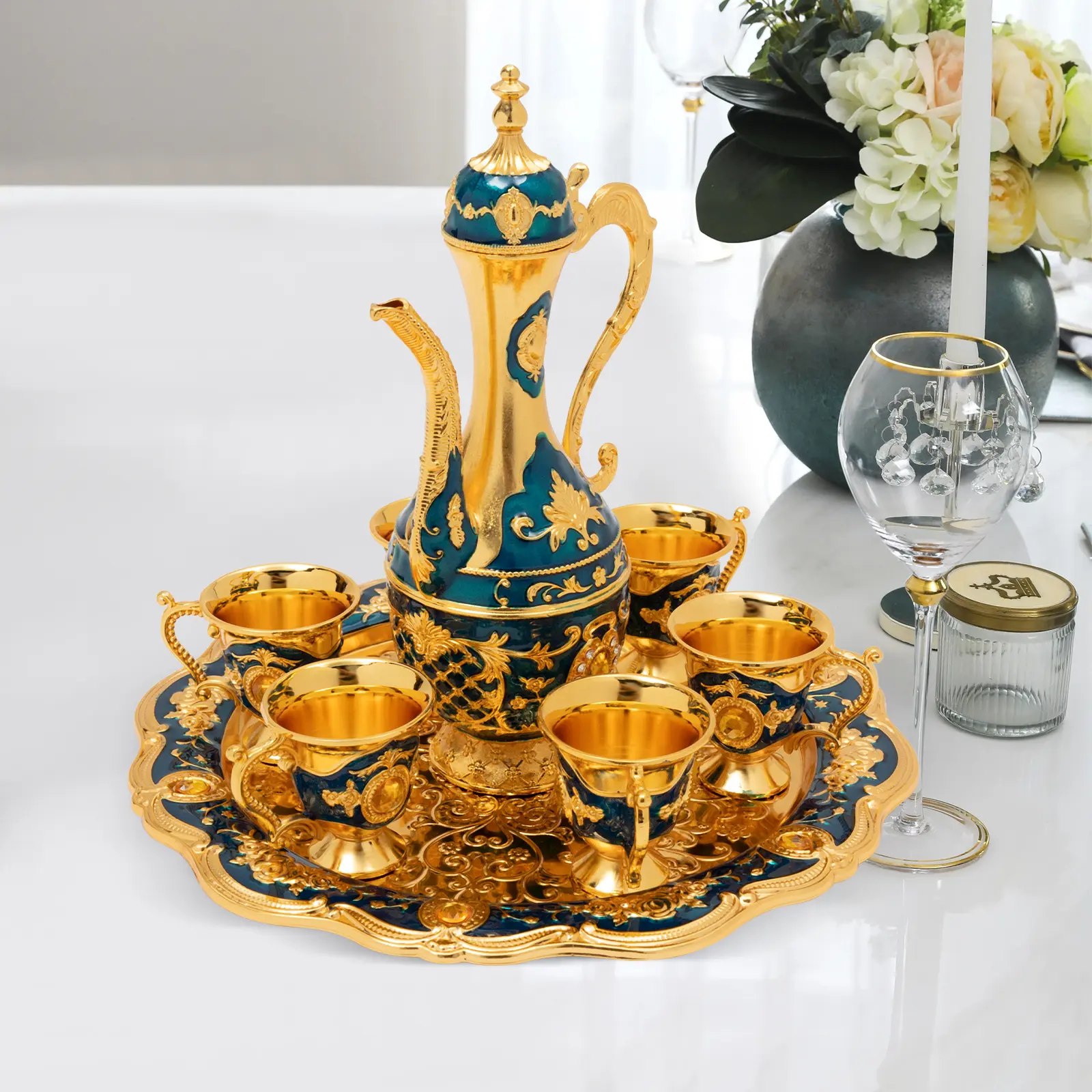 Antique Blue Zinc Alloy Turkish Small Cups Tea Set - 6 Cups, Tray, 8.45 oz Teapot with Carved Eagle Beak Spout, Wedding Anniversary Gift, Small Cups Tea Sets