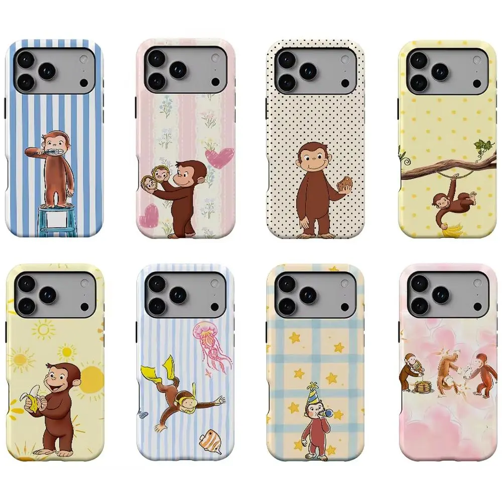 Curious George Polycarbonate Mobile Phone Casing - Fully Protected Shockproof Double-Layer Accessory for iPhone 17 Pro Max, Air, 16 Pro, 15, 14 Plus, 13, 12, 11, New Luxury Style for Protection