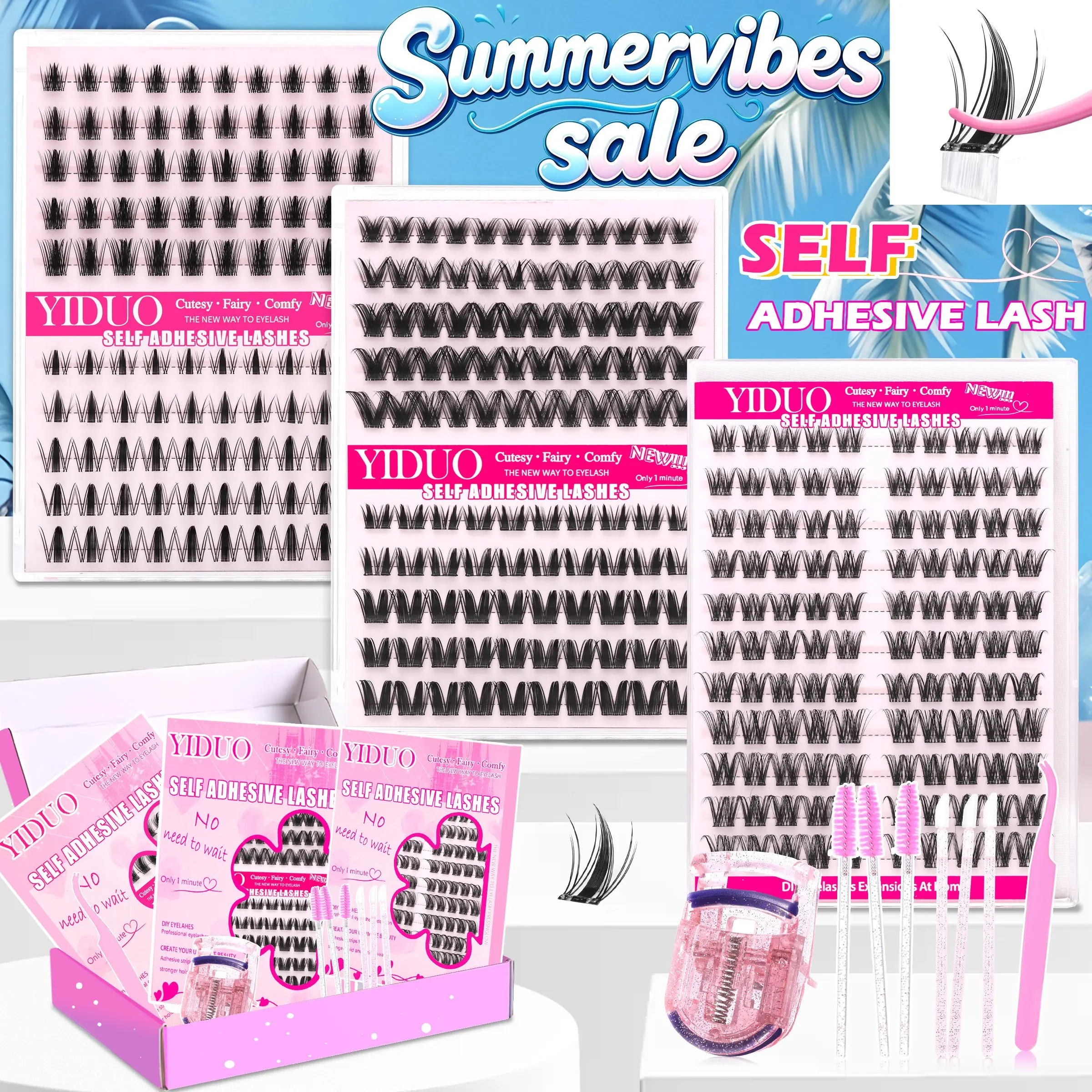 YIDUO 6 Styles Self-Adhesive Makeup Lash Clusters Kit, Fluffy Lashes, Pre-Separated Individual Lashes, Manga & Fairy+Natural & Bunny+Manga & Spike Press On Eyelashes, D Curl Pre-Glued No Glue Required, 1 Minute Easy DIY Lash Extension Gift Set
