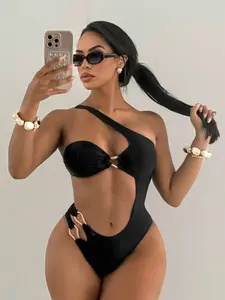 Women's Asymmetrical Neck One-Piece Swimsuit - Hollow-Out Gold Decor Beach Holiday Swimwear, Summer Vacation Essential