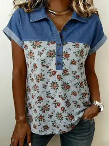 Light Grey Color Block Denim Patchwork Button Polo Collar Short Sleeve Top, The Half Buttons Detail Offers Convenient Wearing and Adds Extra Chic Detail.