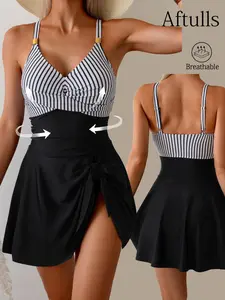 Women's Fashion One-Piece Swimsuit, Sexy V-Neck Waist Cinching Adjustable Straps, Stripe Skirt Style, Vacation Wear