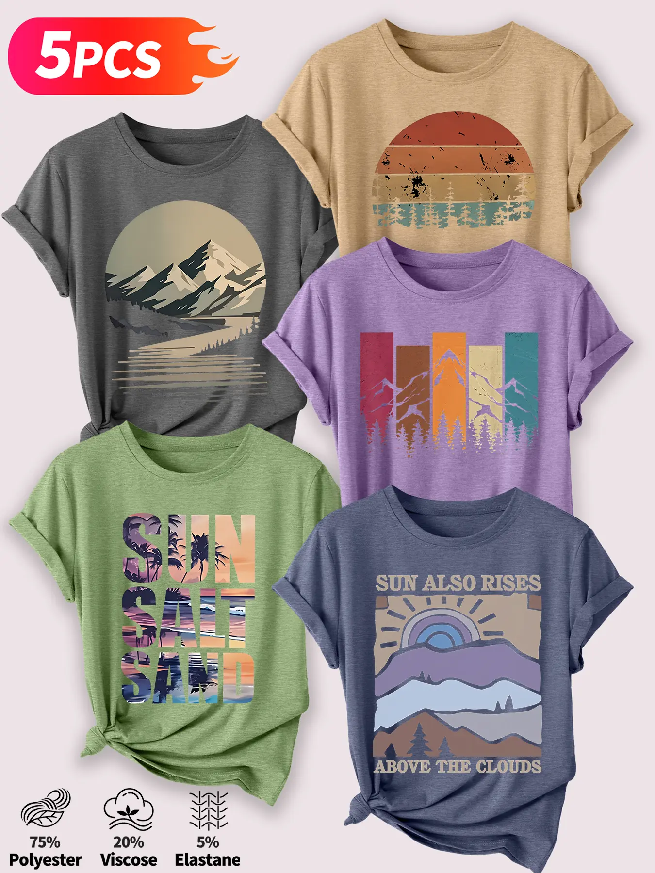 Women's 5Pcs Crew Neck Fitted T-Shirts, Vintage Mountain Sunset & Outdoor Series Print, Multiple Colors Available, Machine Washable, Spring & Summer Tops, Soft Skin-Friendly Fabric, Casual, Daily Versatile, Fashion Design