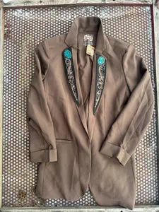 Taupe hand tooled leather lapel blazer with turquoise