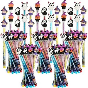 LiYiQ 100 Pcs Halloween Pencils Halloween Multi Point Stackable Push Pencil Assortment with Cute Pencil Cap for Halloween Party Favor Prize Carnival