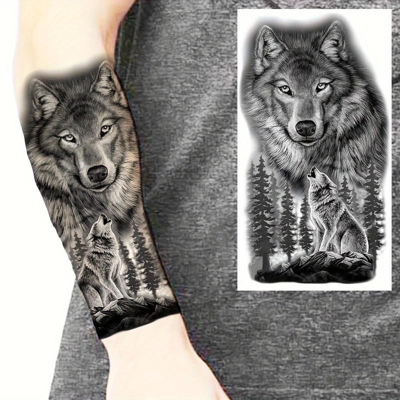 (6 temporary tattoo stickers, including 2 item and 4 random designs)Black Wolf Howling Forest Temp Tattoo Women Men