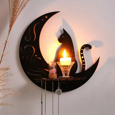 Moon & Cat & Geometric Design Wall Mounted Storage Rack, Wooden Wall Hanging Display Rack, Wall Decor Storage Holder for Home Living Room Bedroom, Wall Mounted Shelf, Wall Mounted Organizer, Wall Shelfs