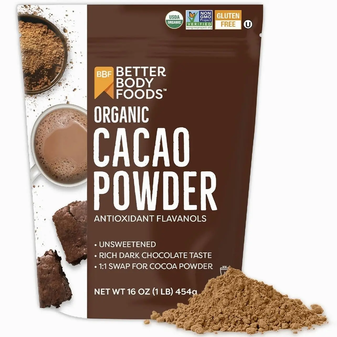 BetterBody Foods Organic Cacao Powder, Rich Chocolate Flavor, Non-GMO, Gluten-Free, Cocoa, 16 ounce, 1 lb bag