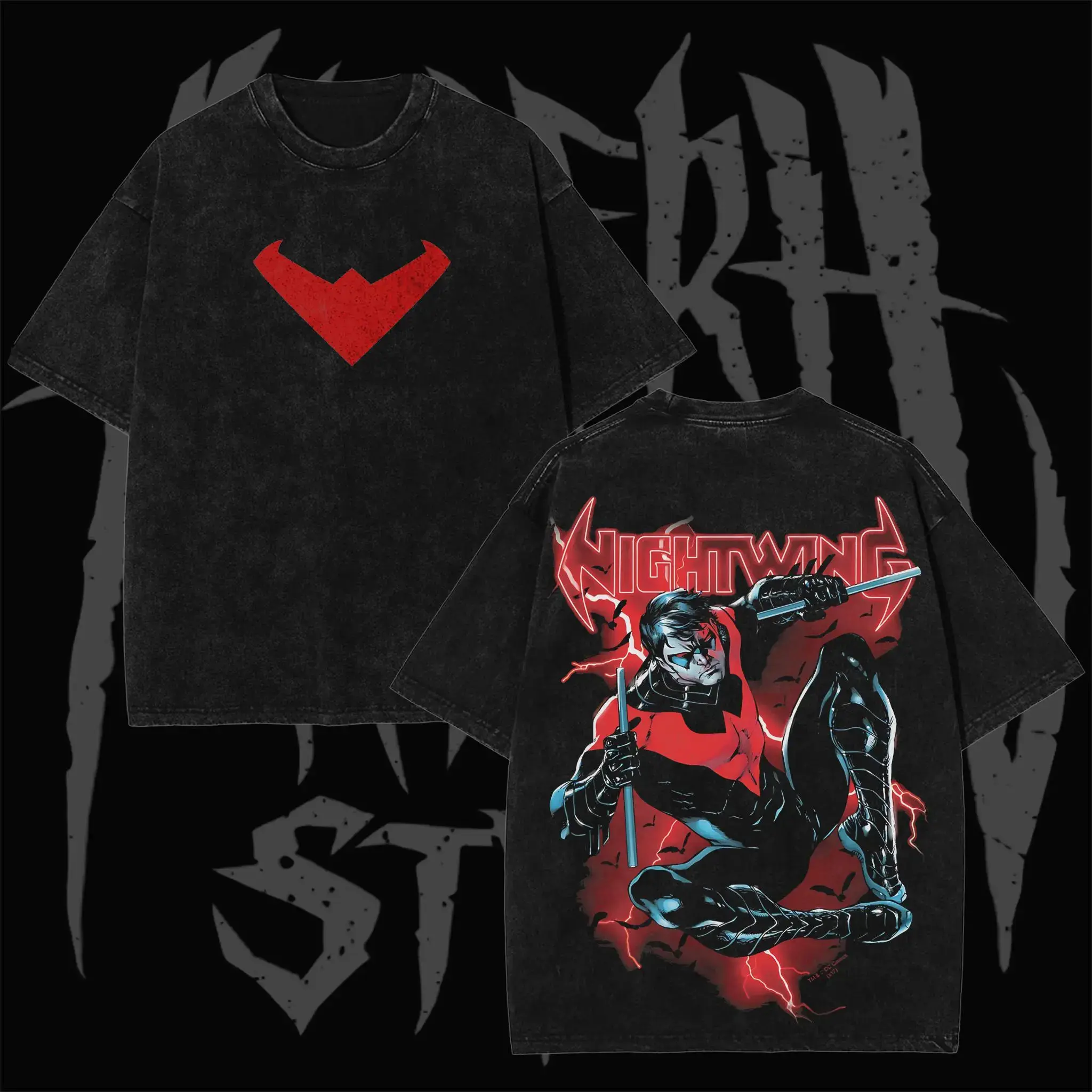 Retro Nightwing "Red & Blue Vigilante" Edition Graphic Double-Sided Vintage Washed T-Shirt, Unisex Oversized Heavyweight Cotton Streetwear Top, Ideal Gift for DCU Fans & Comic Collectors
