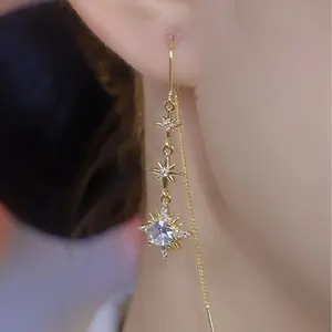 LisiZen Korean Version Exquisite Full Diamond Eight Pointed Star Tassel Threader Earrings, Light Luxury Elegant Long Slimming Design Jewelry DZEH4768