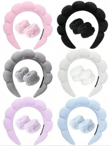3-Piece Spa Headband and Wristband Set, Soft Velvet Fluffy Puffy Sponge Makeup Headband for Facial Cleansing and Skincare, Headbands Women