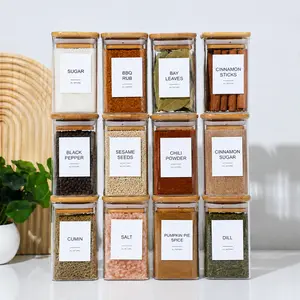 Airtight Food-Safe Square Glass Spice Jars, Kitchen Canister Storage Set, Reusable Organizer to Eliminate Cabinet Clutter, Keep Spices Fresh and Pantry Tidy, Home Essentials with gift