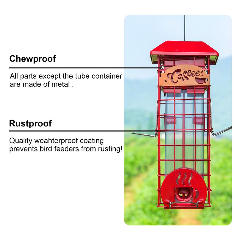 Squirrel Proof Bird Feeders for Outdoors Metal Mesh Hanging Bird Seed Feeders for Outside Pole Weight -Activated & 4 Adajustable Perschs 2.2 lbs Capacity (Red)
