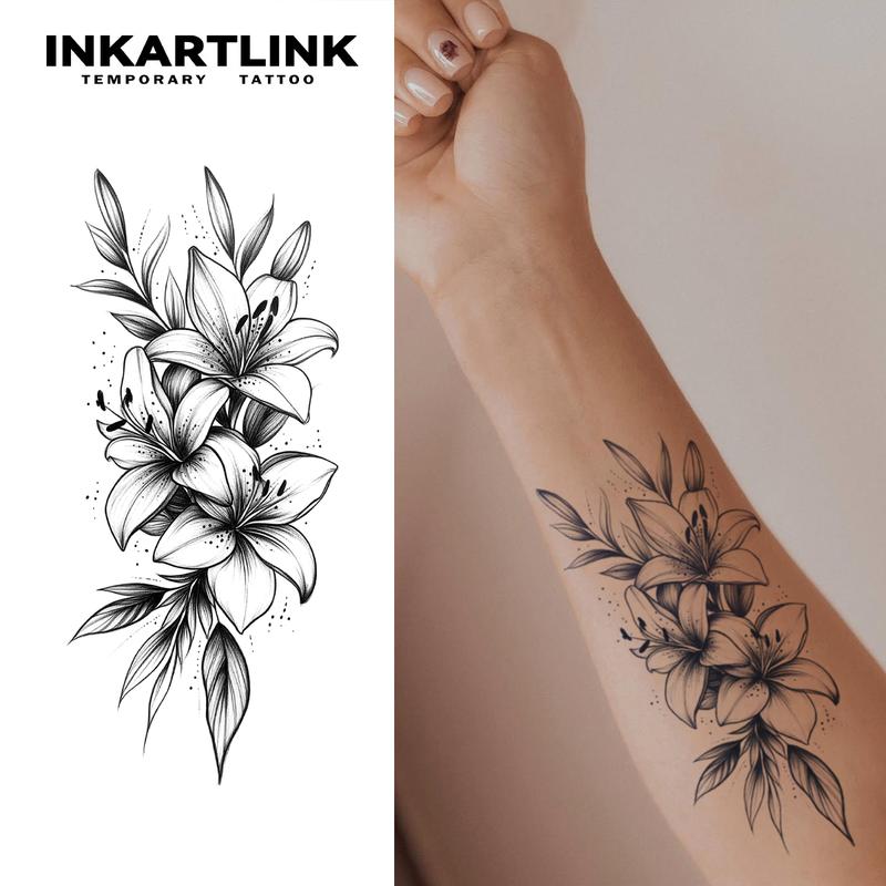 INKARTLINK Tattoo Tech, 2 Sheets Semi-Permanent Temporary Tattoos ,Lilies,Adult Art Design,Lasts 1-2 Weeks, Waterproof, Realistic Look, No Adhesive, No Reflection,For Man And Woman,Ideal for Swimming, Party