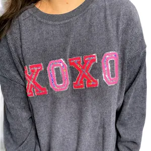 S-XXL XOXO Chenille Sequins Corded Crew