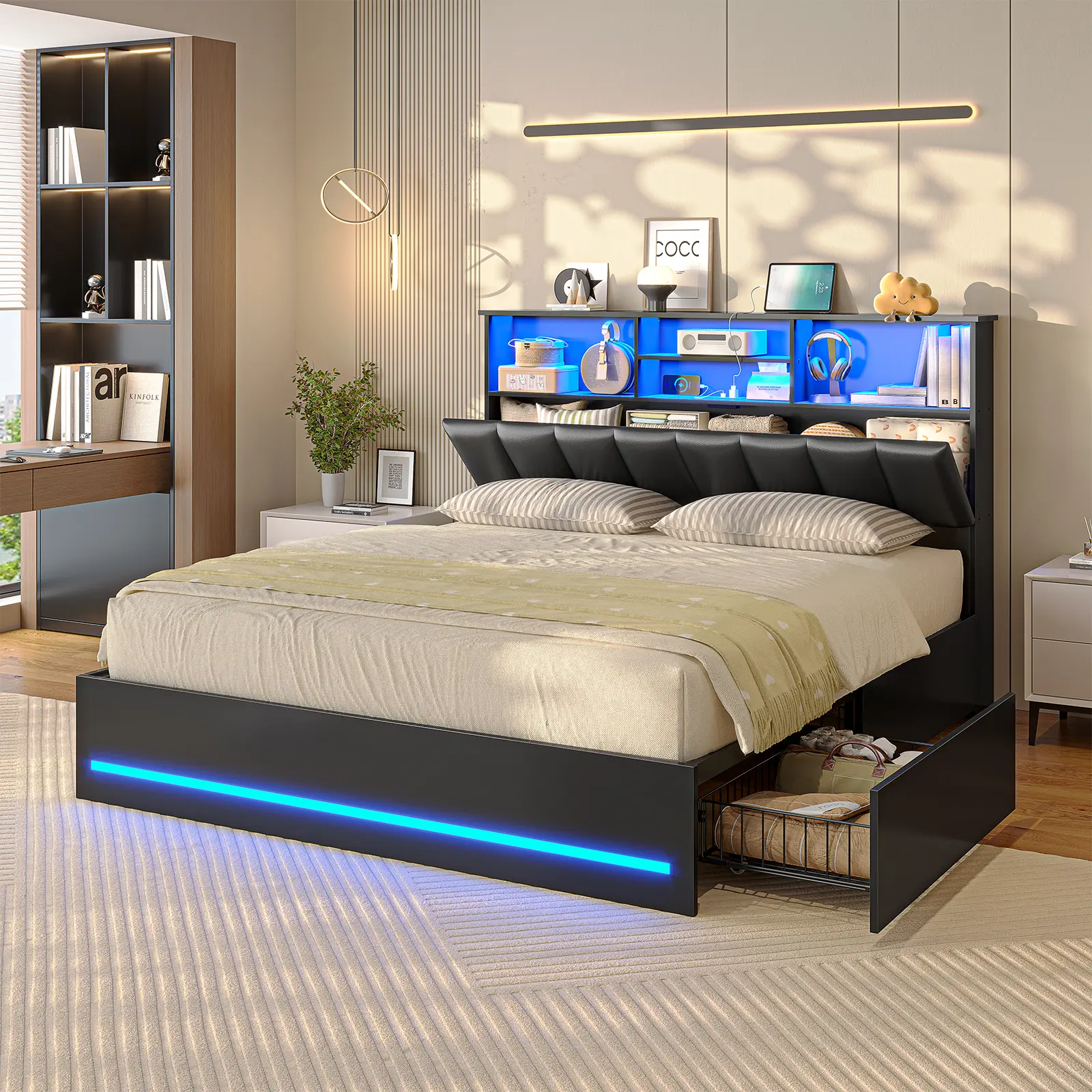 AOGLLATI Full Size Bed Frame with 4 Storage Drawers and Charging Station LED Lights Bed Frames with Stylish Bookcase Headboard