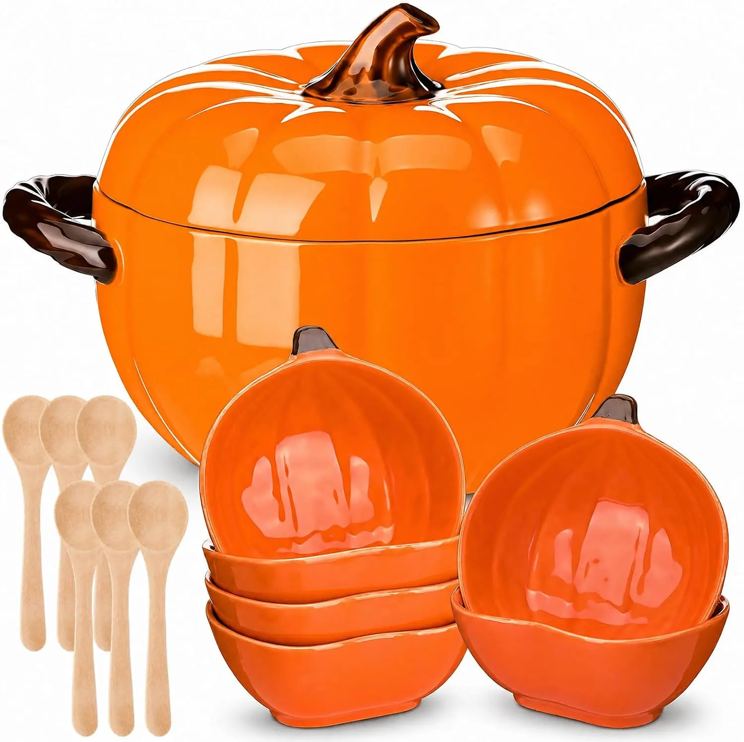 Pumpkin Ceramic Pot with Lid 54 Oz with 6 Set Pumpkin Ramekins and Wooden Spoons Fall Serving Bowl for Soup Cooking Thanksgiving Dinnerware Set for Halloween Party Kitchen Dessert Decoration Qinyoung