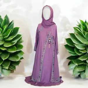 Mahira Kids Abaya - Purple Kids Abaya with Hijab and Brooch in the front, Long Sleeves, Elegant Design.