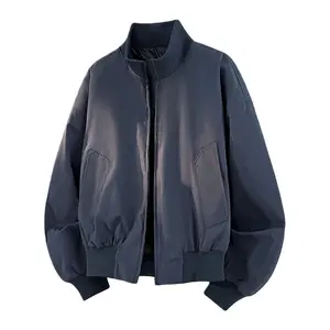 Men's Navy Blue Bomber Jacket: Ribbed Trim Loose-Fit Casual Zip-Up Outerwear