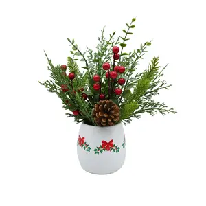Artificial Plants and Berries in White Ceramic Pot Christmas Decoration, 13.5"