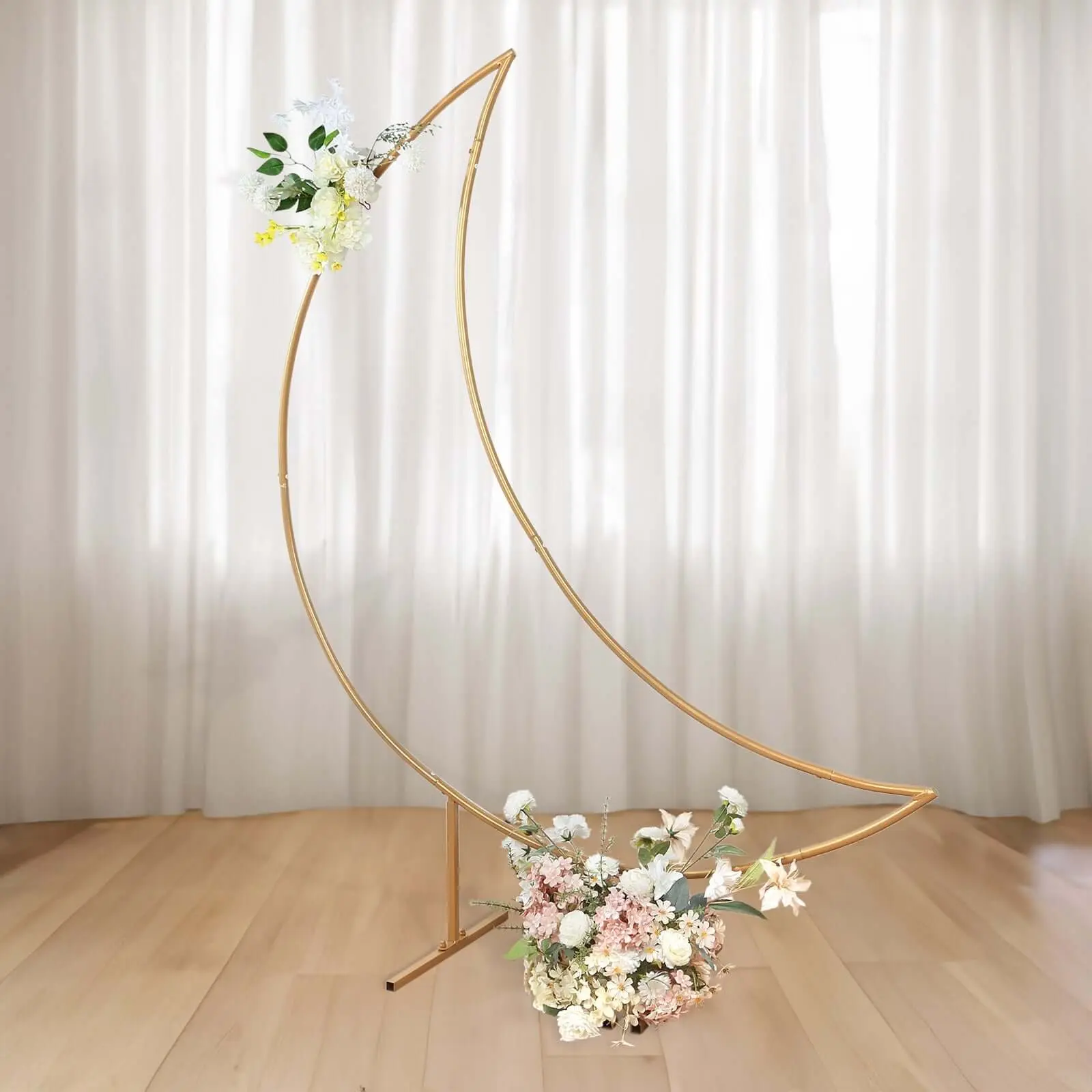 6.5ft Gold Metal Crescent Moon Curved Arch Backdrop Stand - Sturdy Base Floral Balloon Frame for Wedding, Party Decor, Birthday with Artificial Garlands & Different Balloons