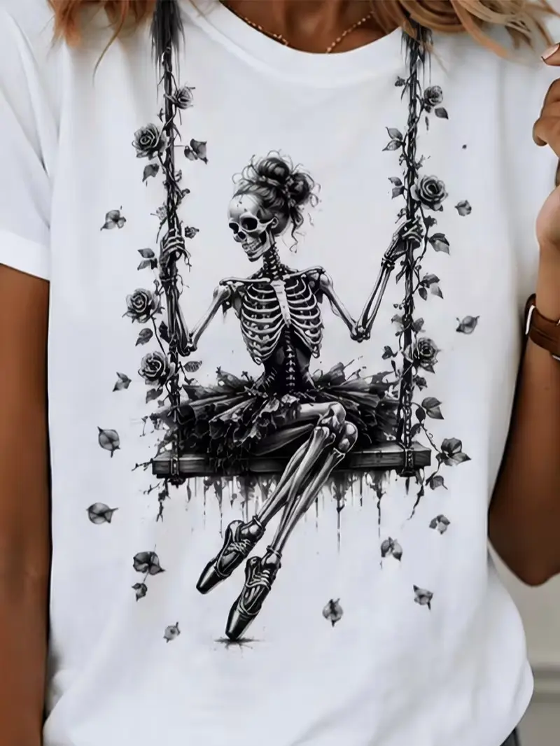 Men' & Women' Gothic Skeleton Ballerina T-Shirt - 100% Suitable for Casual Wear & Halloween, Short Sleeve Round Neck Tee with Black Tutu & Bone Pattern, Machine Washable Ballet Dancer Design for Year-Round Outfits