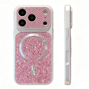 （Case & Nova.） Luxury bling glitter magnetic phone case with large lens window, compatible with iPhone 17 Pro Max, 16, 15, 14, 13, 12; shockproof protective cover for wireless charging Rustic Silicone designer