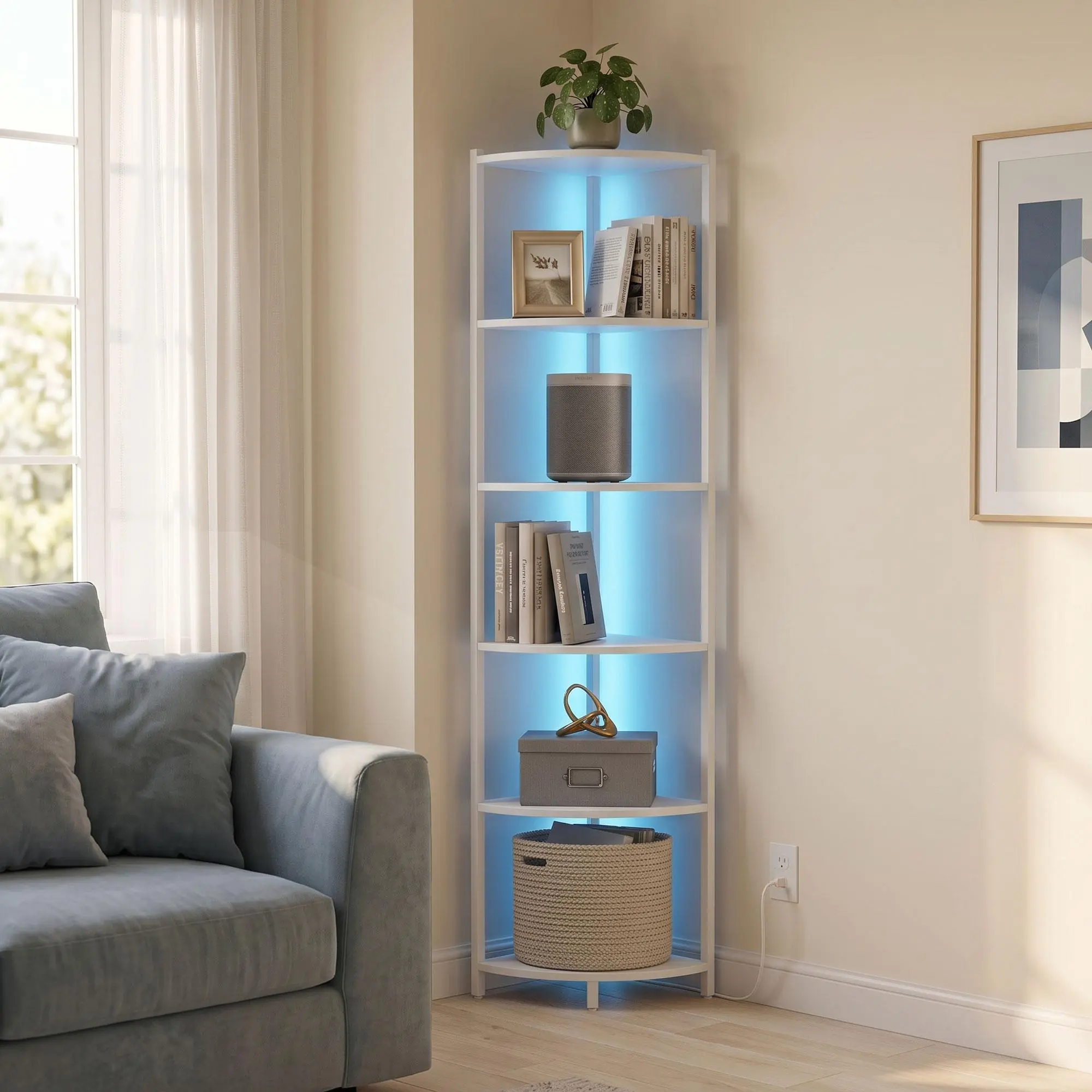 Corner Shelf with LED Lights, 6-Tier Corner Bookshelf, 66'' Organizer Book Shelf Shelves Steel Frame Display Stand with Living Room, Bedroom, Study, White