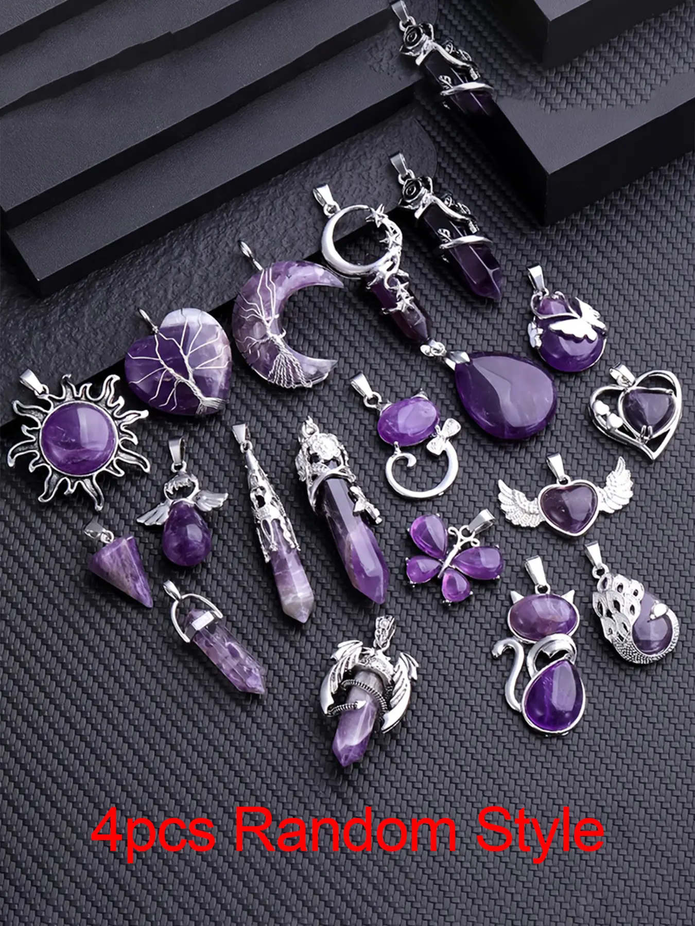 4pcs Random Amethyst Pendants, Various Styles Shapes, Moon Cat Heart Butterfly, DIY Jewelry Accessories, DIY Jewelry Making, Amethyst Symbolism Various meanings, Triple Moon Pendant