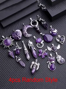 4pcs Random Amethyst Pendants, Various Styles Shapes, Moon Cat Heart Butterfly, DIY Jewelry Accessories, Amethyst Symbolism Various meanings, Triple Moon Pendant
