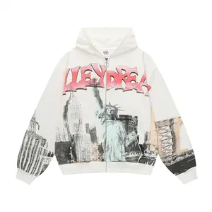 Extra Baggy Retro Faded Graphic Print Zip-Up Hoodie, 2000s Retro Geometric Urban Street Style Sweatshirt, For Men & Women Edgy Layering Jacket for Men Women Daily & Music Festival Daily Outfit