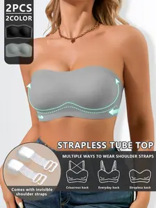 Women's Strapless Bralette Set of 2, Back Buckle Design, High Stretch Seamless Fabric, Medium Support, All Seasons Lingerie