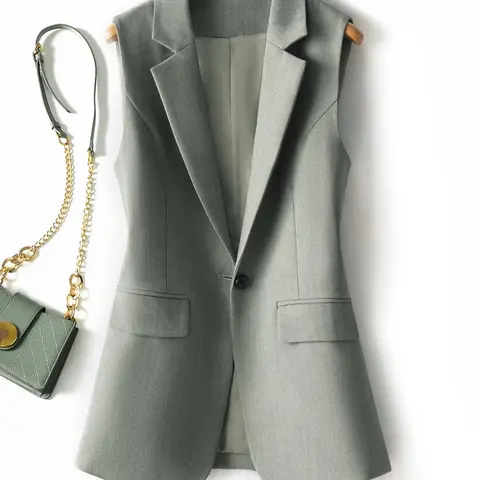 Women's Solid Button Front Lapel Neck Vest Blazer, Minimalist Casual Pocket Design Waistcoat for Work Office Business Formal, Ladies Spring & Fall Clothes, Casual Plain Waistcoat, Womenswear