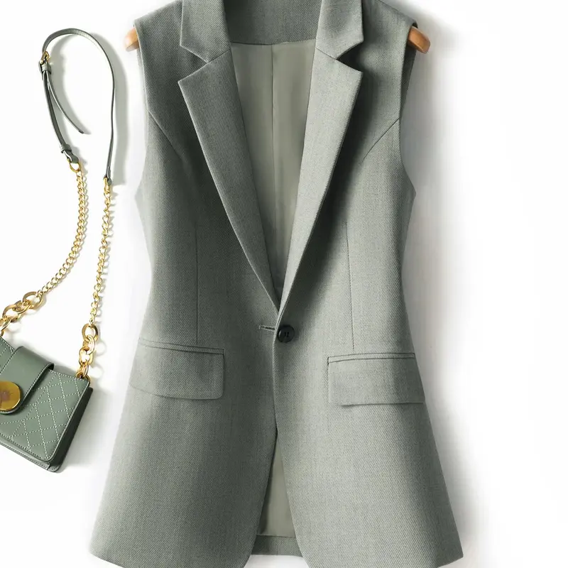 Women's Solid Button Front Lapel Neck Vest Blazer, Minimalist Casual Pocket Design Waistcoat for Work Office Business Formal, Ladies Spring & Fall Clothes, Casual Plain Waistcoat, Womenswear