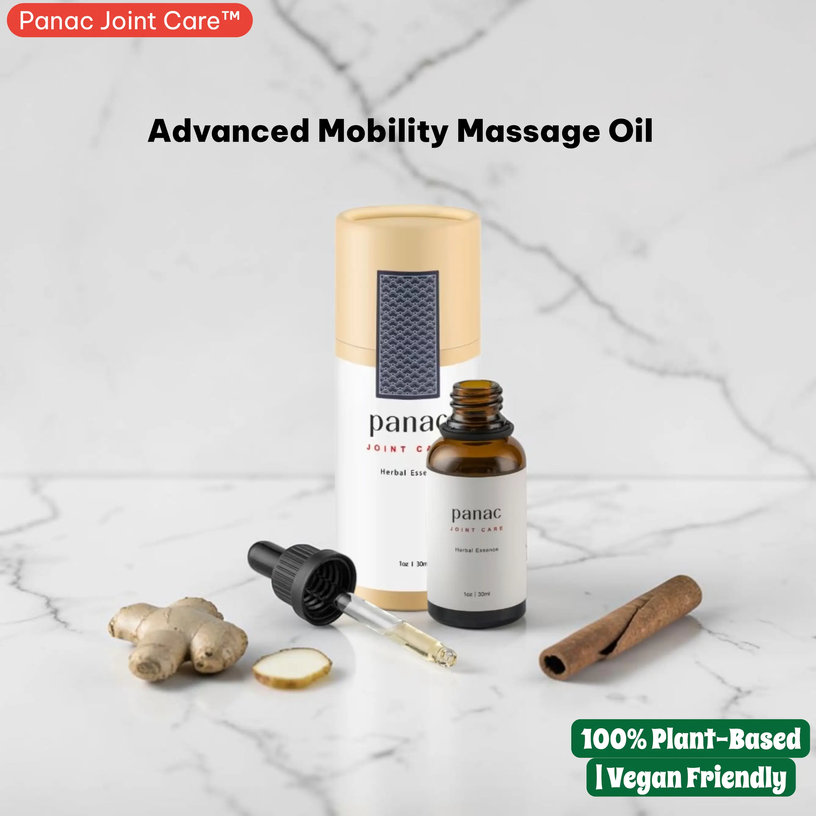 Panac Joint Care Herbal Essence Body Massage Oil - Ginger & Licorice & Cinnamon, Non-Greasy 1 oz, for Gym Use & Hands, Ankles, Knees, Lower Back Daily Care
