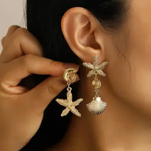 2pcs Bohemian Coastal Earrings - Golden-Tone Metallic Starfish & Seashell Dangle Jewelry, Beach Party Pierced Earrings for Women, Everyday or Vacation Outfits - Year-Round Boho Chic Accessories, Cute Earrings, Party Accessories, Goldtone Jewelry