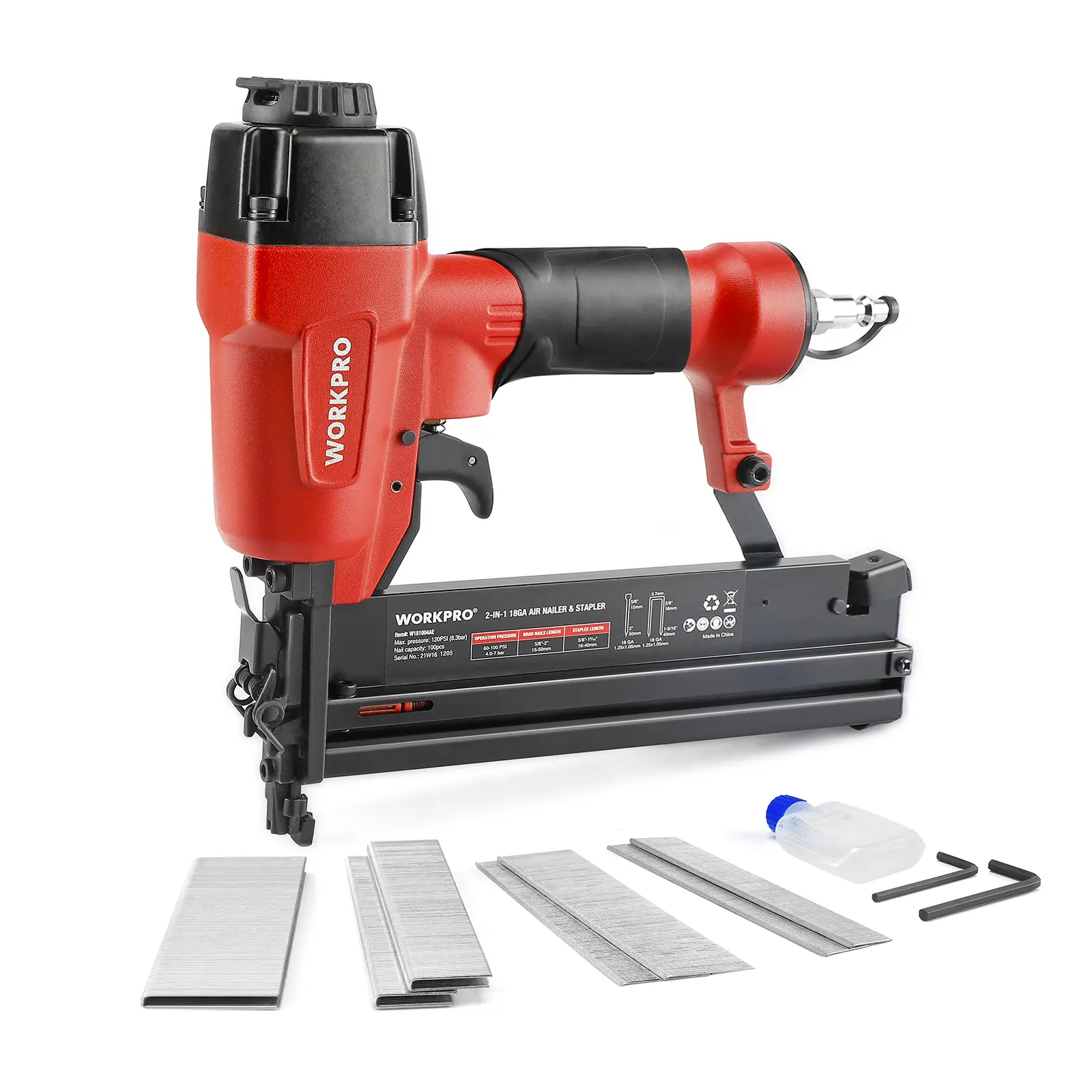 #fathersdaygift WORKPRO Pneumatic Brad Nailer, 18 GA, 2 in 1 Nail Gun and Crown Stapler, with 400packs Nails/ 300packs Staples, for Carpentry, DIY Project, Woodworking