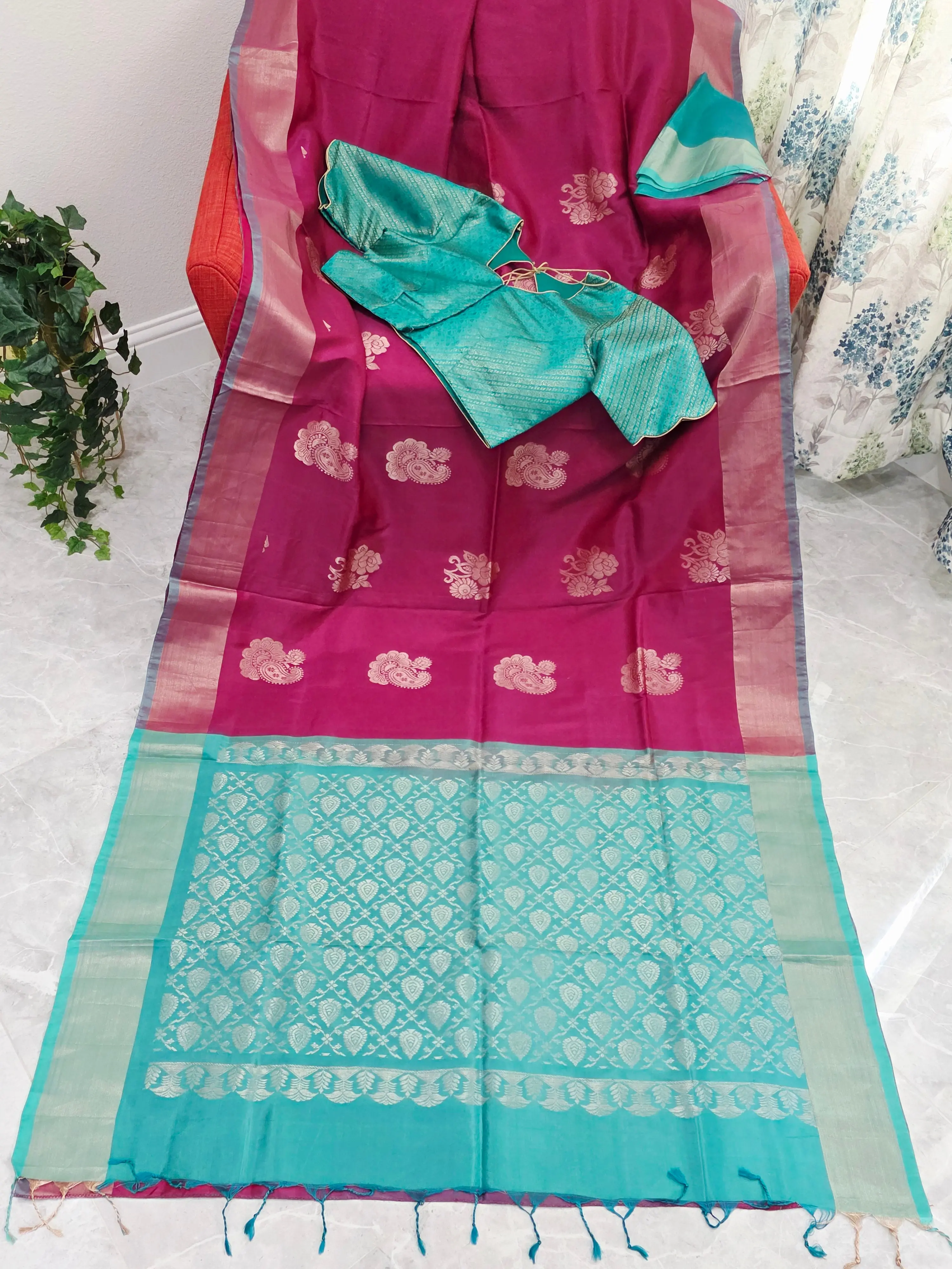 Royal Magenta Semi Kanchi Soft Silk Saree with Aqua Zari Pallu & Benarasi Stitched Blouse